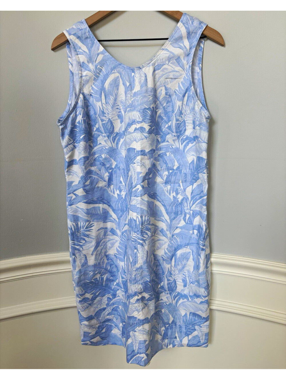 Tommy Bahama Blue & White Floral Round Neck Sleeveless Knee Dress L Zip